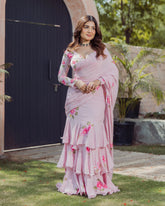 Chinon Bloom Pink Handpainted Pre-Draped Saree